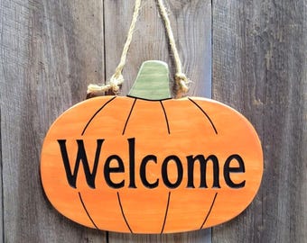 Fall Style Hand Carved Welcome Sign | Wooden Halloween Pumpkin Front Porch Door Hanger Decor