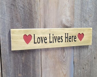 Love Lives Here Hand Carved Wooden Sign | Custom Last Name Above Bed Shelf Decor