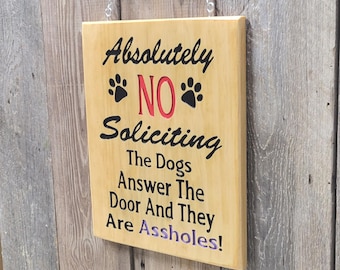 No Soliciting Hand Carved Wooden Sign | Dog Front Door Decor Pet Hanger