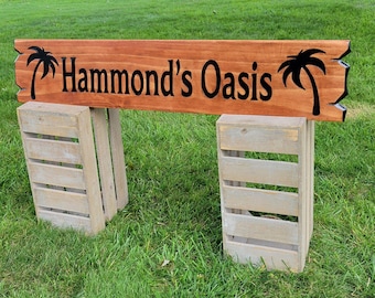 Personalized Oasis Hand Carved Wooden Name Sign | Custom Palm Tree Beach House Bar Decor