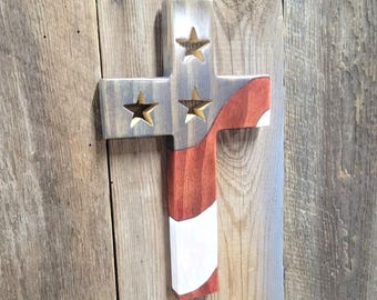 Wooden American Flag Wooden Cross | Patriotic Military Veterans Wall Art Decor