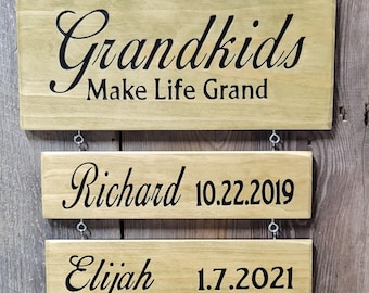 Grandkids Make Life Grand Hand Carved Wooden Name Sign | Custom Family Grandparents Wall Gift