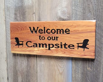Camper Decor Hand Carved Welcome to Campsite Outdoor Wood Sign | Custom Name RV Accessories