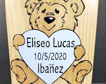 Teddy Bear Nursery Hand Carved Wooden Name Sign | Newborn Baby Birth Stats Keepsake