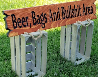 Bean Bag Lawn Games Hand Carved Wooden Sign | Cornhole Beer Bags and Bullshit Area
