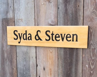 Hand Carved Wooden Name Sign | Custom Couple Above Bed Rustic Wedding Anniversary Cabin Decor