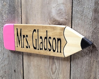 Personalized Teacher Pencils Hand Carved Wooden Name Sign | Custom Desk Accessories Classroom Decor