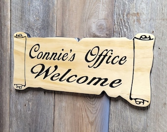 Calligraphy Victorian Decor Hand Carved Wooden Name Sign | Custom Scroll Parchment Office Door Decor