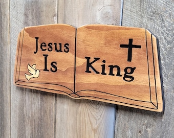 Jesus is King Hand Carved Wooden Bible Sign | Christian Scripture Wooden Wall Art Decor