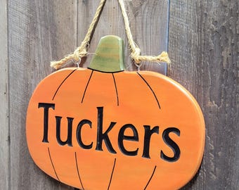 Fall Door Hanger Hand Carved Wooden Name Sign | Family Pumpkin Decor Front Porch Decor