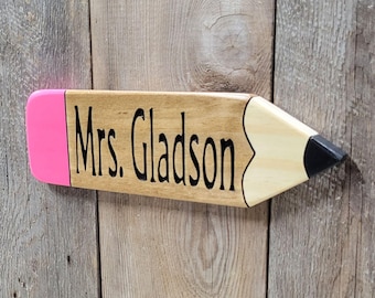 Desk Name Plate Hand Carved Custom Pencil Wooden Sign | Teacher Classroom Decor Desk Accessories