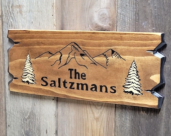Personalized Hand Carved Wooden Name Sign | Custom Mountain and Pine Tree Nature Cabin Decor