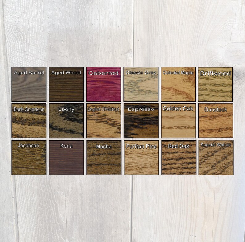 this is an image of my stain color palette from the drop-down menu. you choose what stain color you want on your hand carved Man Cave wooden name sign and truly make it your own for your decor.