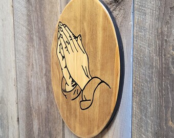 Scripture Wall Art Hand Carved Praying Hands Wooden Sign | Jesus Above Bed Mantel Decor