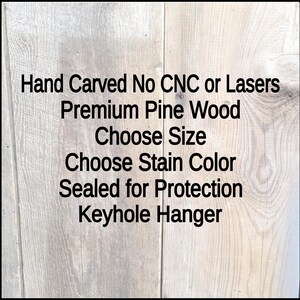 this is the details of the Whiskey and Bullshit area hand carved wooden sign, hand carved no CNC or lasers, premium pine wood. 3 sizes to choose from. and you choose your stain color from the drop-down menu. comes sealed with clear coat finish for protection and includes a keyhole slot(s) hanger to display.