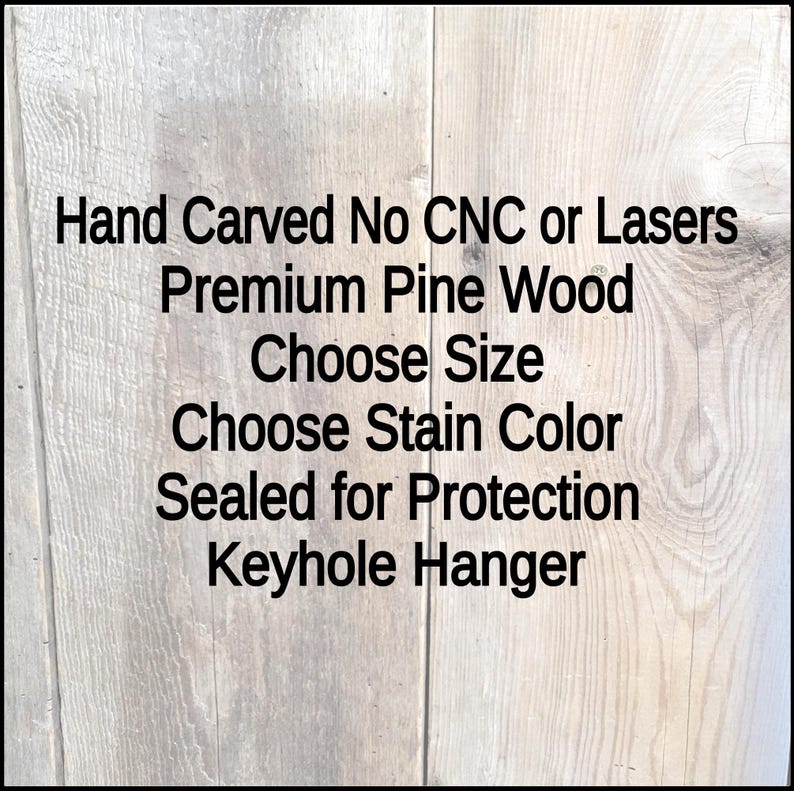 this is the details of the Whiskey and Bullshit area hand carved wooden sign, hand carved no CNC or lasers, premium pine wood. 3 sizes to choose from. and you choose your stain color from the drop-down menu. comes sealed with clear coat finish for protection and includes a keyhole slot(s) hanger to display.