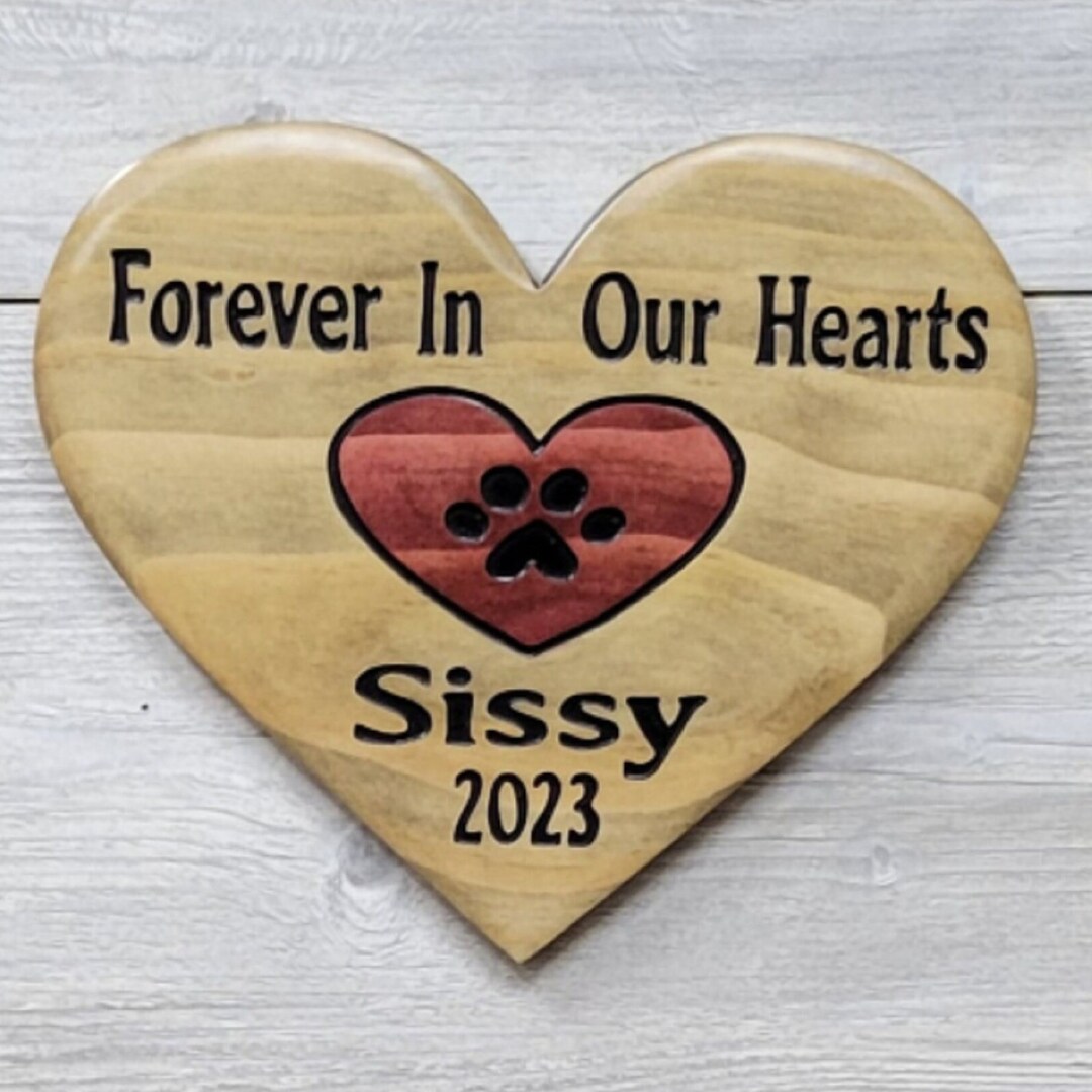 Custom Pet Memorial Wood Plaque, Forever in Our Hearts, Heart Shaped, Paw Print, Pets Name and