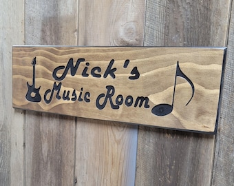 Music Wall Art Hand Carved Wooden Name Sign | Custom Guitar Instrument Man Cave Decor