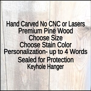 This is the details of the Hand carved Man Cave wooden name sign, it is hand Carved, No CNC or lasers, carved from Premium Pine Wood, you choose your size from the 3 size options drop-down menu. you choose your stain color from the stain color drop-down menu. in the Personalization instructions box. leave up to 4 words of your choice. It comes sealed for protection and has keyhole slot on the back to hang.