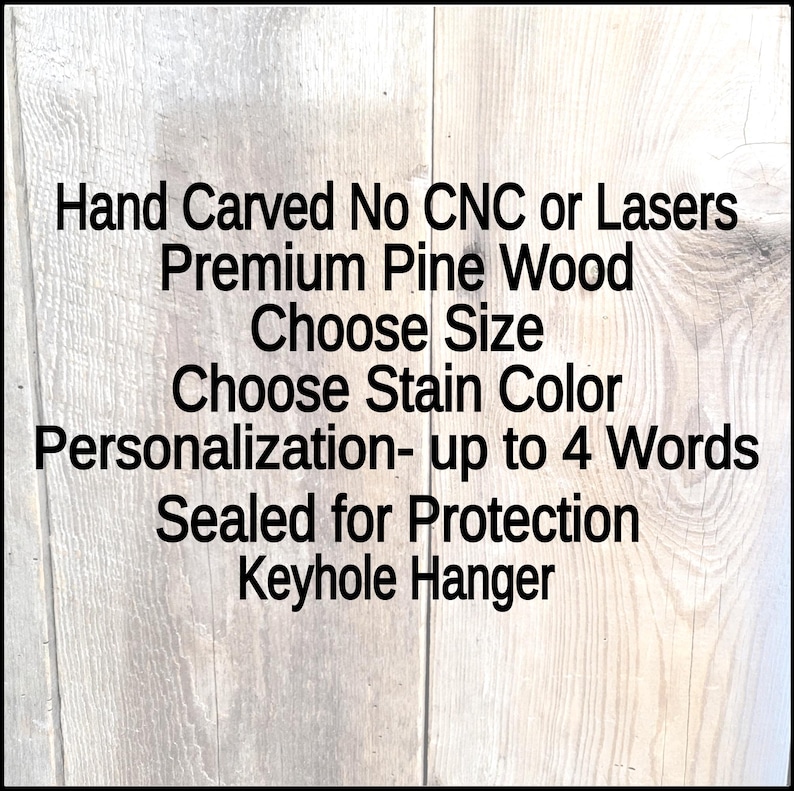 This is the details of the Hand carved Man Cave wooden name sign, it is hand Carved, No CNC or lasers, carved from Premium Pine Wood, you choose your size from the 3 size options drop-down menu. you choose your stain color from the stain color drop-down menu. in the Personalization instructions box. leave up to 4 words of your choice. It comes sealed for protection and has keyhole slot on the back to hang.