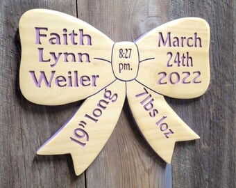 Baby Name Sign Hand Carved Birth Stats | Custom Wood Newborn Girl Nursery Decor Keepsake