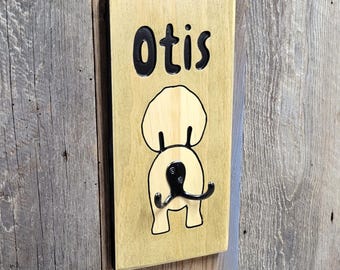 Dog Leash Hand Carved Wooden Name Sign | Custom Personalized Pet Wall Hook Entryway Organizer