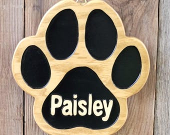 Name Tag for Dog Crate Hand Carved Wooden Paw Print Sign | Personalized Pet Accessories