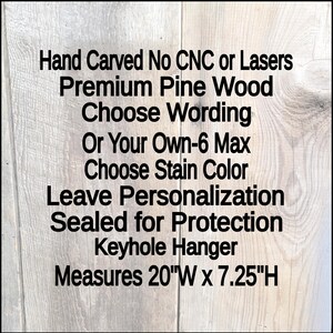 This is an image of the details of the hand carved Tavern Sign, it is hand carved, no CNC or lasers, Carved into premium pine wood. you choose your wording from Tavern, Home Bar or man cave. you may also select to create your own wording up to 6 total words. 2 words per line and 3 total lines. you will need to leave your personalization in the personalization box. it comes sealed for protection and has 1 keyhole slot hanger. measures 20 in. W x 7.25 in. H