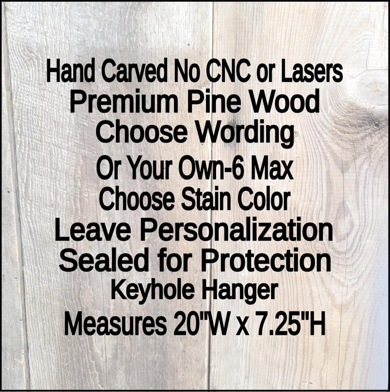 This is an image of the details of the hand carved Tavern Sign, it is hand carved, no CNC or lasers, Carved into premium pine wood. you choose your wording from Tavern, Home Bar or man cave. you may also select to create your own wording up to 6 total words. 2 words per line and 3 total lines. you will need to leave your personalization in the personalization box. it comes sealed for protection and has 1 keyhole slot hanger. measures 20 in. W x 7.25 in. H
