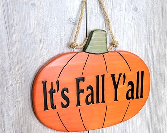 Door Hanger Hand Carved Pumpkin Decor Wooden Sign | Its Fall Yall Halloween Porch Decor