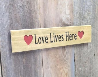 Love Lives Here Hand Carved Wooden Sign | Heart Wall Art or Mantel Shelf Decor