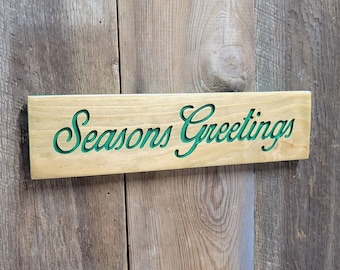 Season's Greetings Hand Carved Wooden Sign | Custom Name Primitive Christmas Shelf or Door Decor