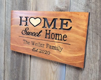 Personalized Home Sweet Home Hand Carved Wooden Name Sign | Custom Couple Rustic Wedding Decor
