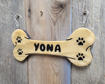 Personalized Dog Name Tag Hand Carved Wooden Sign | Custom Bone Pet Kennel Crate Accessories