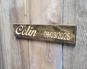 Baby Name Sign Hand Carved | Custom Girl Nursery or Boys Room Birth Stats Shelf Decor