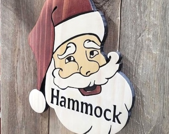 Santa Claus Hand Carved Wooden Name Sign | Primitive Christmas Front Door Hanger Decor