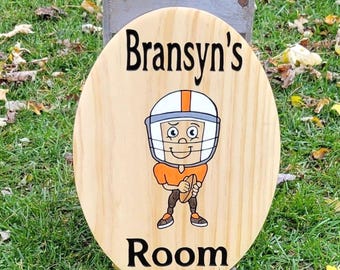 Boys Room Football Hand Carved Wooden Name Sign | Custom Sports Player Nursery Wall Decor