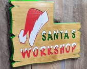 Primitive Christmas Hand Carved Santas Workshop Wooden Sign | Unique Holiday Santa Hat Door Decor