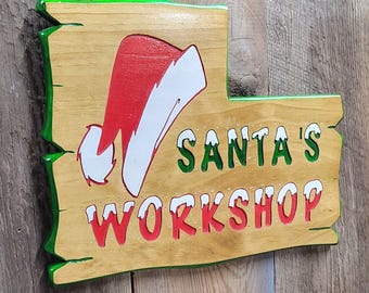 Primitive Christmas Hand Carved Santas Workshop Wooden Sign | Unique Holiday Santa Hat Door Decor