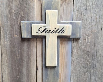 Faith Layered Hand Carved Wooden Cross | Crucifix Religious Christian Wall Art Above Bed Decor