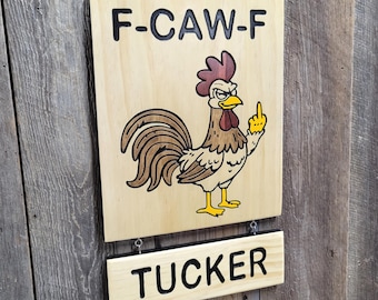 F-Caw-F Rooster Hand Carved Door Hanger | Optional Chicken Welcome or Wooden Last Name Sign