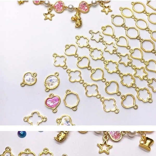 Open bezel charm, gold charm,sakura charm,clover charm,resin charm,jewelry charm,square charm,heart shape charm