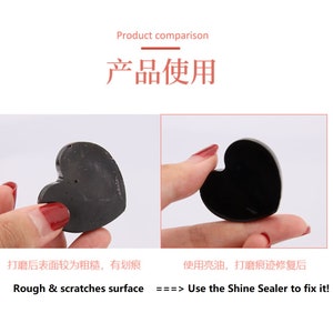 May include: A side-by-side comparison of a heart-shaped black stone before and after using a shine sealer. The stone on the left has a rough and scratched surface. The stone on the right is smooth and shiny. The text "Rough & scratches surface ===> Use the Shine Sealer to fix it!" is below the images.