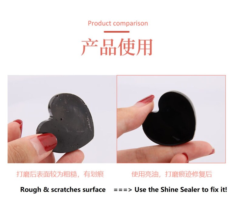 May include: A side-by-side comparison of a heart-shaped black stone before and after using a shine sealer. The stone on the left has a rough and scratched surface. The stone on the right is smooth and shiny. The text "Rough & scratches surface ===> Use the Shine Sealer to fix it!" is below the images.