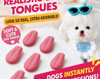 Op de afbeelding: Zes kleine, gladde, roze, ovaalvormige hondentong-rekwisieten op een witte ondergrond naast een witte pluche hond met een blauwe zonnebril en een blauw-witte gehaakte halsband. De tekst op de afbeelding luidt: REALISTIC DOG TONGUES.