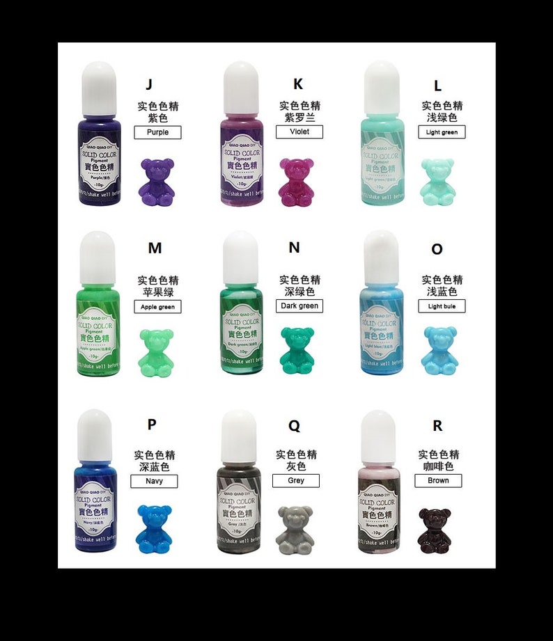 K&ouml;nnte beinhalten: Ein Set mit 10 kleinen Flaschen fl&uuml;ssigem Harzfarbpigment. Jede Flasche hat einen wei&szlig;en Verschluss und ein Etikett mit chinesischem und englischem Text. Der englische Text lautet "Solid Color Pigment". Die Flaschen sind in drei Reihen mit jeweils drei Flaschen angeordnet. Jede Flasche ist mit einer kleinen Harz-B&auml;renfigur in der gleichen Farbe wie die Fl&uuml;ssigkeit in der Flasche gepaart. Die Farben sind Lila, Violett, Hellgr&uuml;n, Apfelgr&uuml;n, Dunkelgr&uuml;n, Hellblau, Marineblau, Grau und Braun.