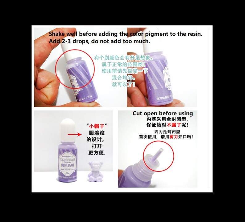 K&ouml;nnte beinhalten: Zwei Flaschen mit violettem Harzfarbpigment. Die Flaschen haben einen wei&szlig;en Verschluss mit einer kleinen, runden, wei&szlig;en Kappe oben. Die Flaschen haben ein Etikett mit dem Text "Solid Color Pigment" in Englisch und Chinesisch. Der Text "Cut open before using" befindet sich auf der rechten Seite des Bildes. Der Text "Shake well before adding the color pigment to the resin. Add 2-3 drops, do not add too much." befindet sich oben im Bild.
