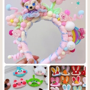 May include: A collection of colorful, handmade hair clips and headbands featuring various cartoon characters and designs. The headbands are made with fluffy yarn and pom-poms, while the clips feature a variety of characters, including a panda, a bunny, and a frog. The clips are perfect for adding a touch of whimsy to any outfit.