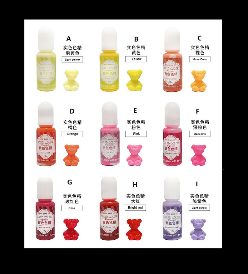 K&ouml;nnte beinhalten: Neun kleine Flaschen mit Harzpigment in verschiedenen Farben, darunter Hellgelb, Gelb, Nude, Orange, Rosa, Dunkelrosa, Rose, Rot und Helllila. Jede Flasche hat eine kleine B&auml;renfigur in der entsprechenden Farbe.