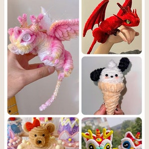 May include: A collection of colorful pipe cleaner crafts, including a pink dragon, a red dragon, a black and white ice cream cone with a face, a teddy bear on a cake, and two red and yellow lion dancers.